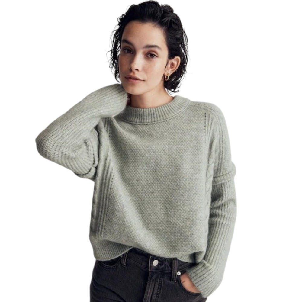 Madewell Cable Havener Pullover Sweater Sage Green Alpaca Wool Blend Boho Medium